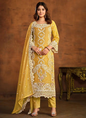 Mustard Organza Embroidered Straight Salwar Suit