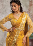 Mustard Satin Ready-To-Wear Saree in Sequins & Dual Beads Work