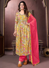 Mustard Premium Riyon Hand work Neck design Kurti Set For Women