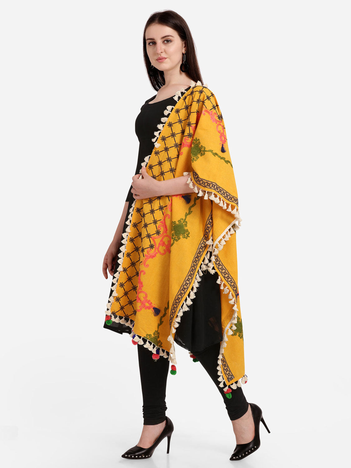 Mustard Temple Design Embroidered Linen Festive Dupatta