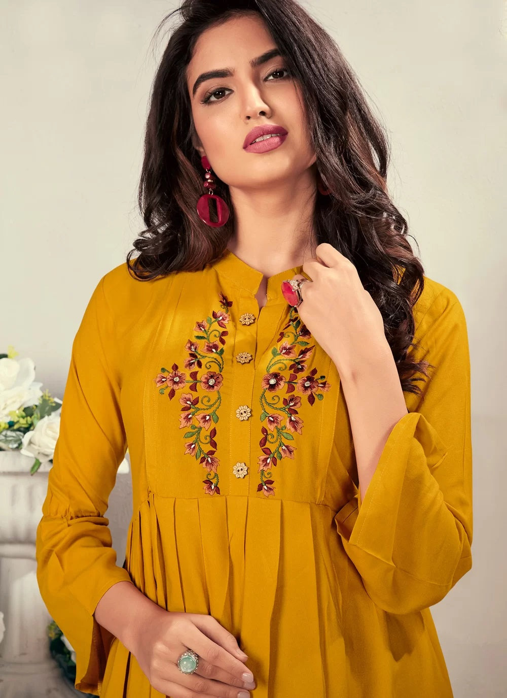 Mustard Traditional Heavy Rayon Embroidery Work Feeding Kurti for Nursing Moms