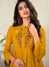 Mustard Traditional Heavy Rayon Embroidery Work Feeding Kurti for Nursing Moms