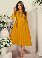 Mustard Traditional Heavy Rayon Embroidery Work Feeding Kurti for Nursing Moms