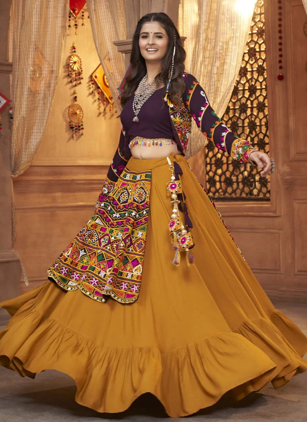 Mustard Yellow Viscose Rayon Embroidered Navaratri Lehenga Choli
