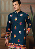 Trendy Teal Blue Cotton Mirror Work Men’s Kurta for Navratri