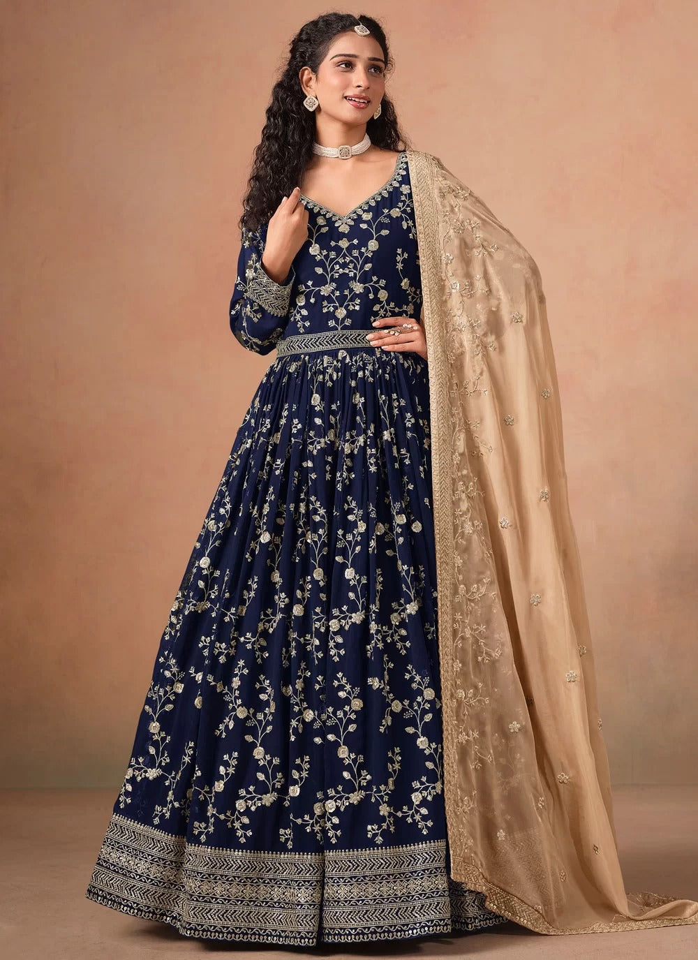 Navy Blue Faux Georgette Floor Length Anarkali Suit