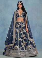 Navy Blue Embroidered Art Silk Engagement Lehenga with Net Dupatta