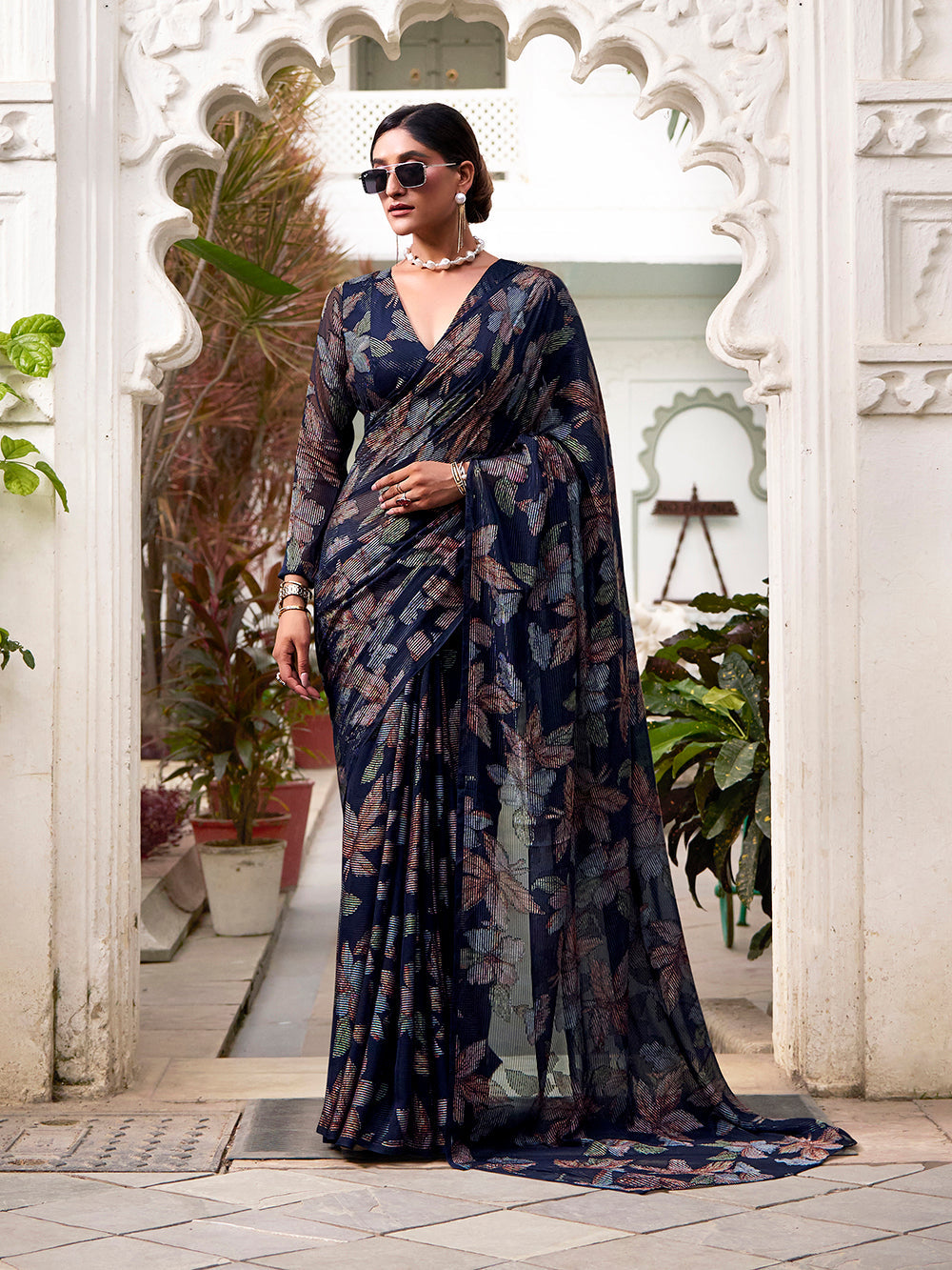 Navy blue lurex brasso saree with floral viscose work