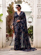 Navy blue lurex brasso saree with floral viscose work