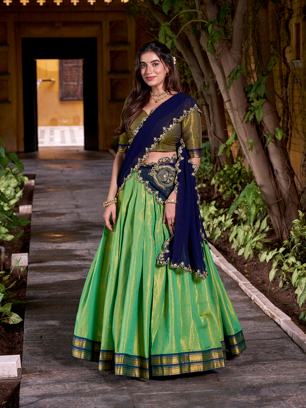 Navy blue Kanchipuram lehenga choli front view