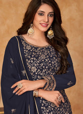Navy Blue Faux Georgette Embroidery Sharara Suit