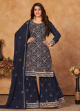 Navy Blue Faux Georgette Embroidery Sharara Suit