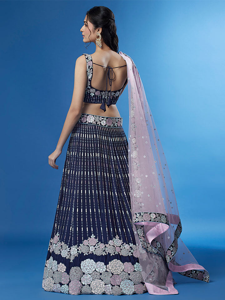 Navy Blue Georgette Multi-Sequins Work Semi Stitched Party Wear Lehenga