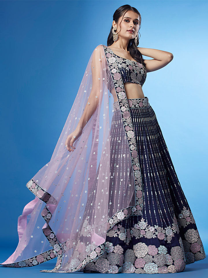 Navy Blue Georgette Multi-Sequins Work Semi Stitched Party Wear Lehenga