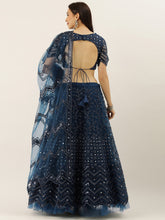 Navy Blue Net Semi Stitched Sequins and Mirror work Reception Lehenga