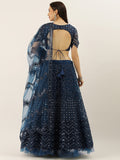Navy Blue Net Semi Stitched Sequins and Mirror work Reception Lehenga