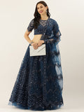 Navy Blue Net Semi Stitched Sequins and Mirror work Reception Lehenga