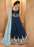 Full flair navy blue organza wedding lehenga for bridal wear