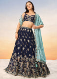 Navy Blue Poly Georgette Indian Wedding Lehenga with Sequins and 4 Meter Flair