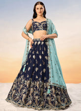 Navy Blue Poly Georgette Indian Wedding Lehenga with Sequins and 4 Meter Flair