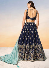 Navy Blue Poly Georgette Indian Wedding Lehenga with Sequins and 4 Meter Flair