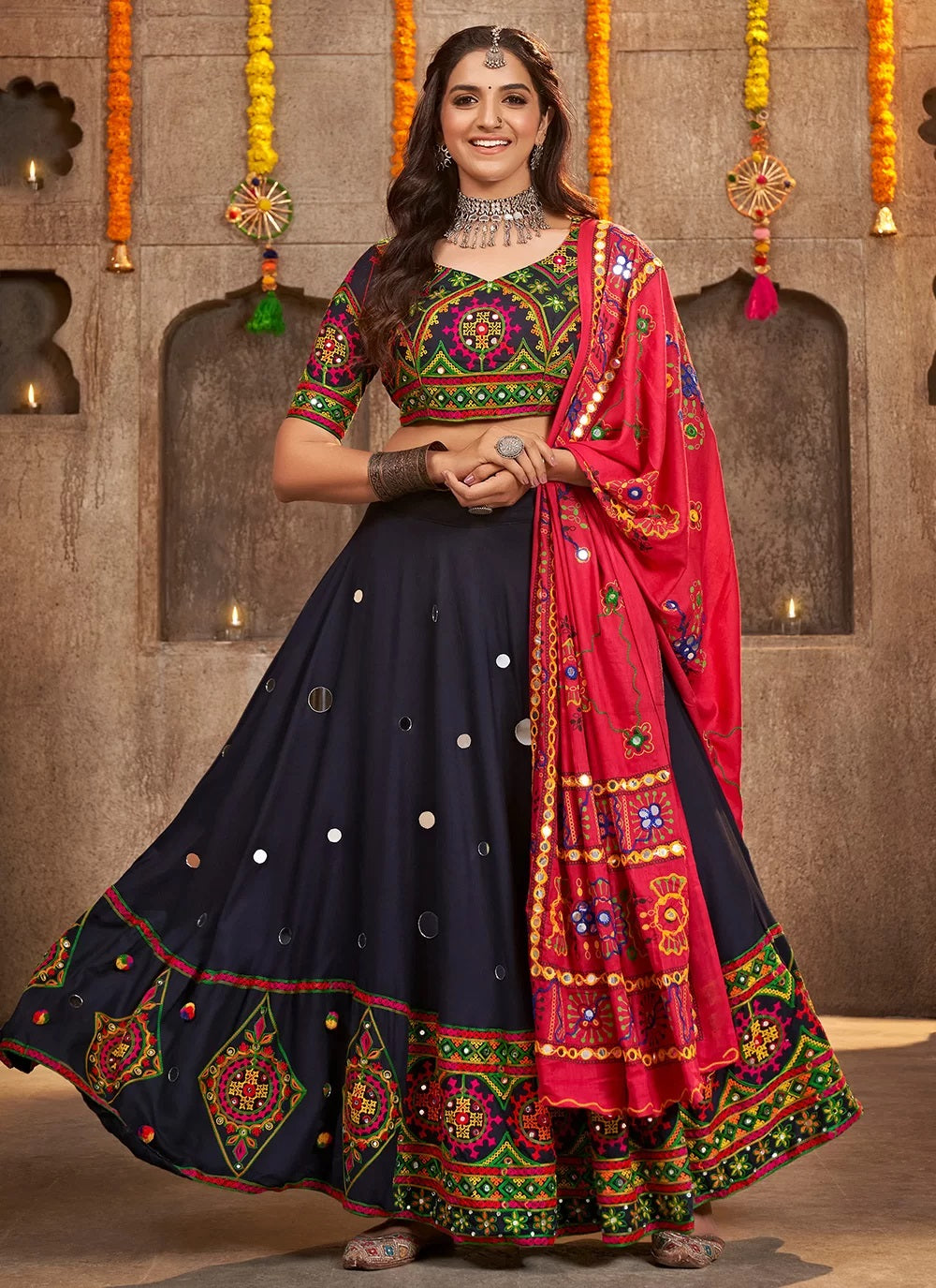 Navy Blue Rayon Mirror and Embroidery Navratri Lehenga Choli