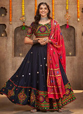 Navy Blue Rayon Mirror and Embroidery Navratri Lehenga Choli