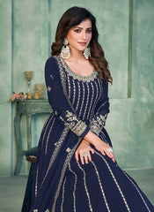 Navy Blue Sequins Embroidered Faux Georgette Anarkali