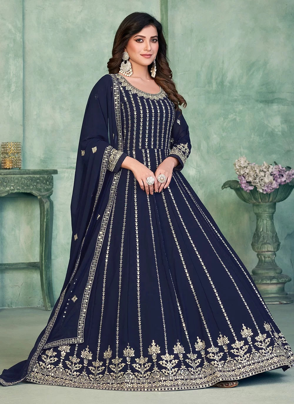 Navy Blue Sequins Embroidered Faux Georgette Anarkali