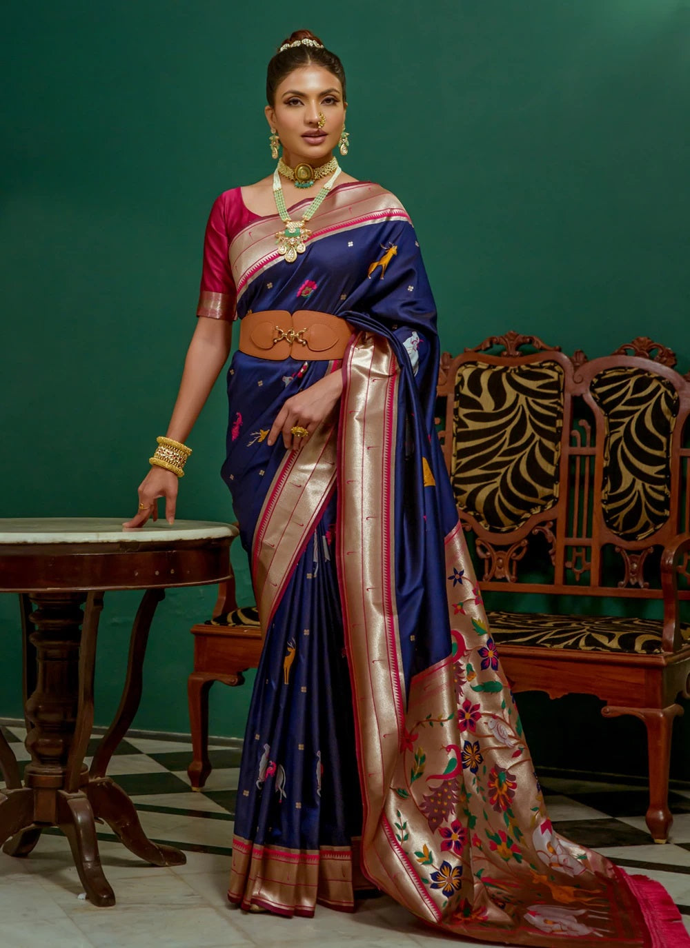 Navy Blue Zari Weaving Paithani Soft Silk Saree