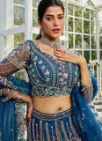 Navy blue net bridal lehenga with burgundy zarkan and sequin embroidery