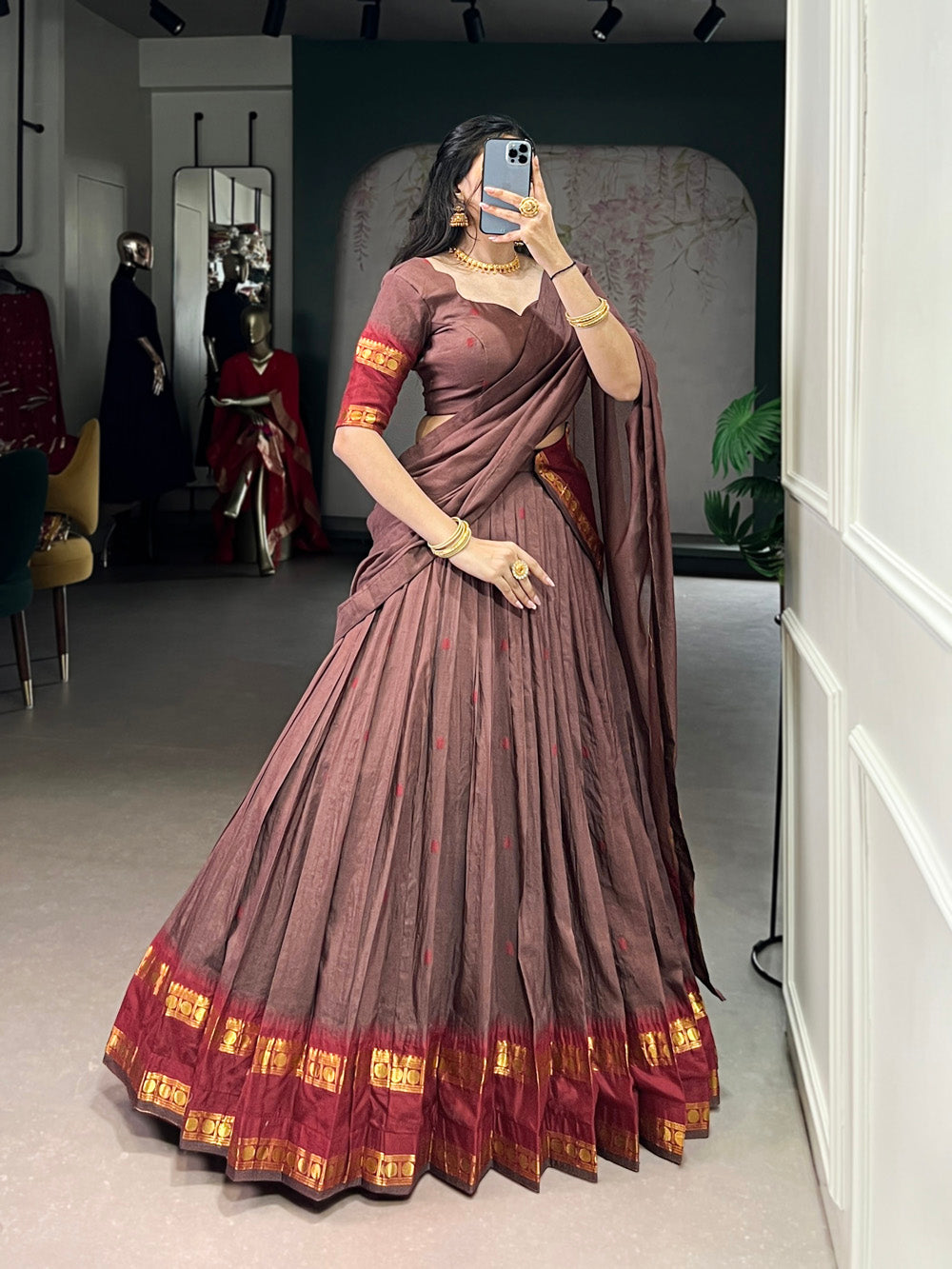 Brown Chanderi Lehenga with Zari Border