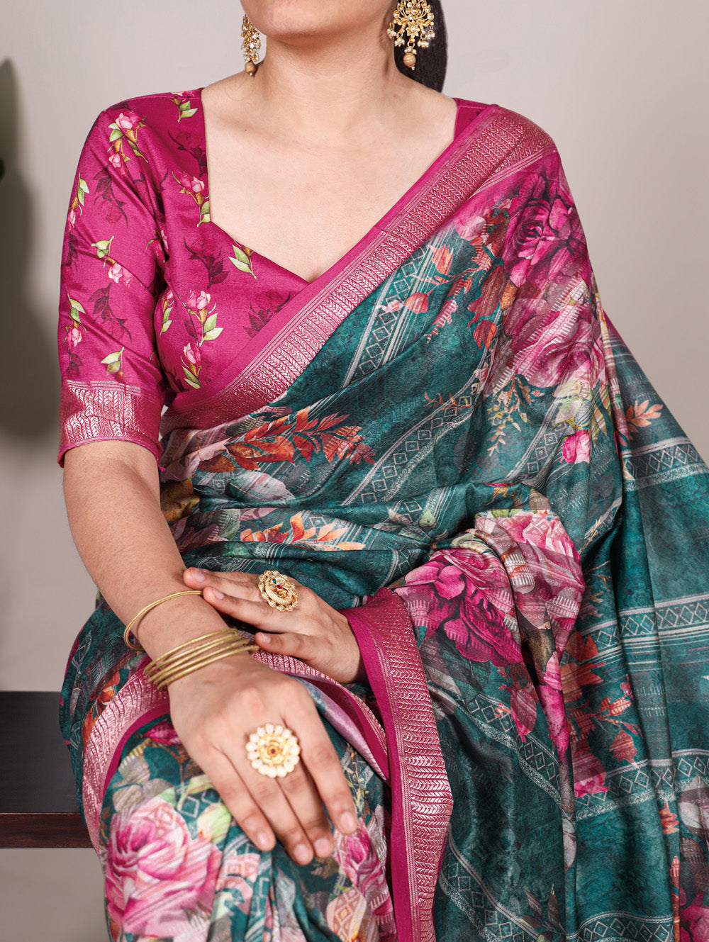 Green tussar silk floral printed saree