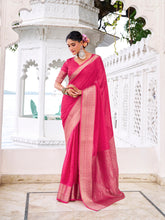 Pink Chinon saree with zari weaving
