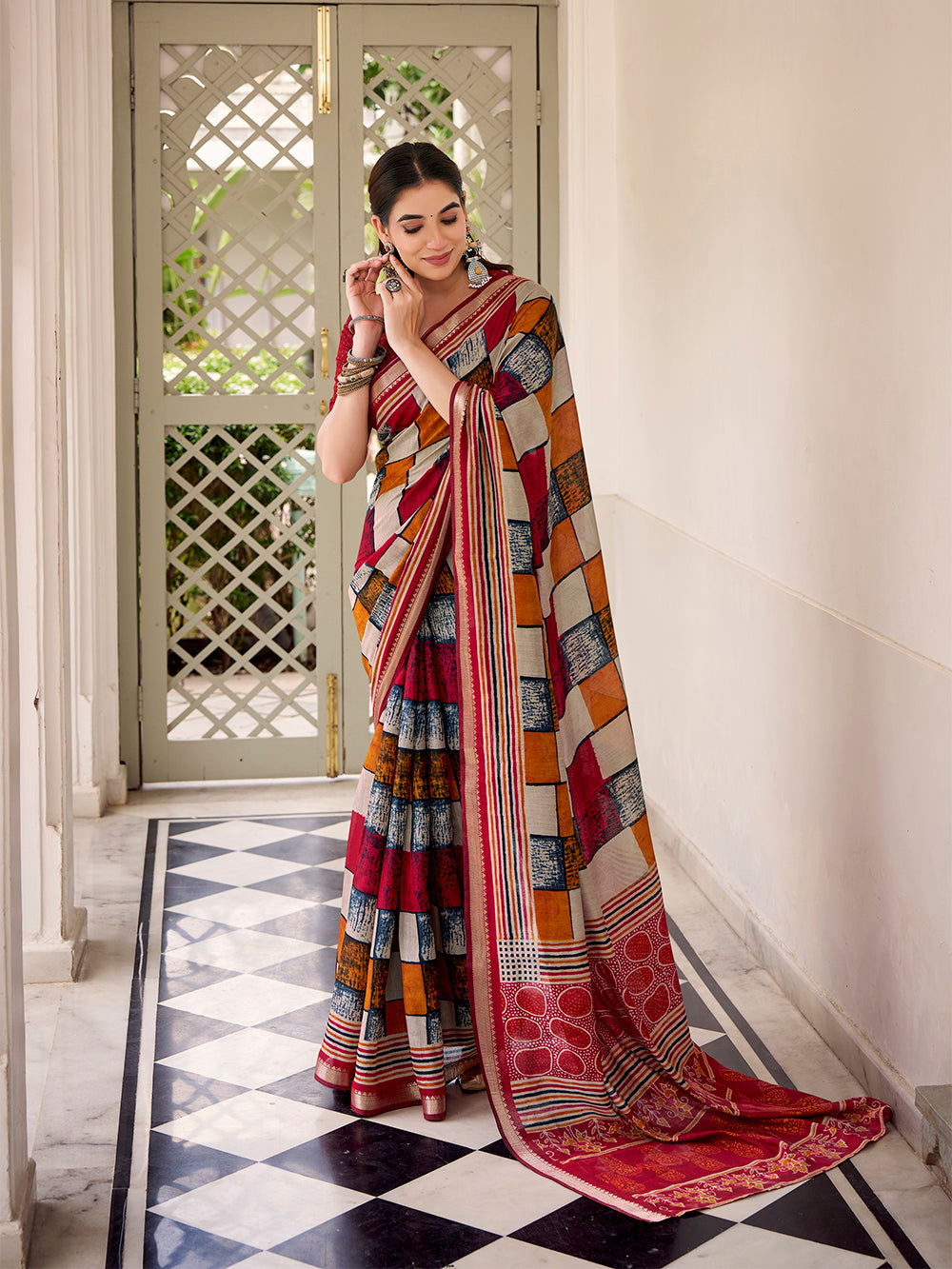 Maroon viscose chanderi check print saree