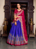 Royal Blue Color Printed With Foil Work Tussar Silk Lehenga Choli