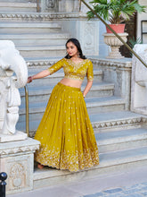 Mustard Color Sequins And Thread Embroidery Work With Vichitra Silk Lehenga Choli