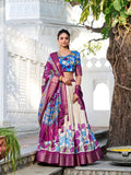Off White Color Printed (Kalamkari) With Zari Weaving Border Jacquard Silk Lehenga Choli