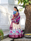 Off White Color Printed (Kalamkari) With Zari Weaving Border Jacquard Silk Lehenga Choli