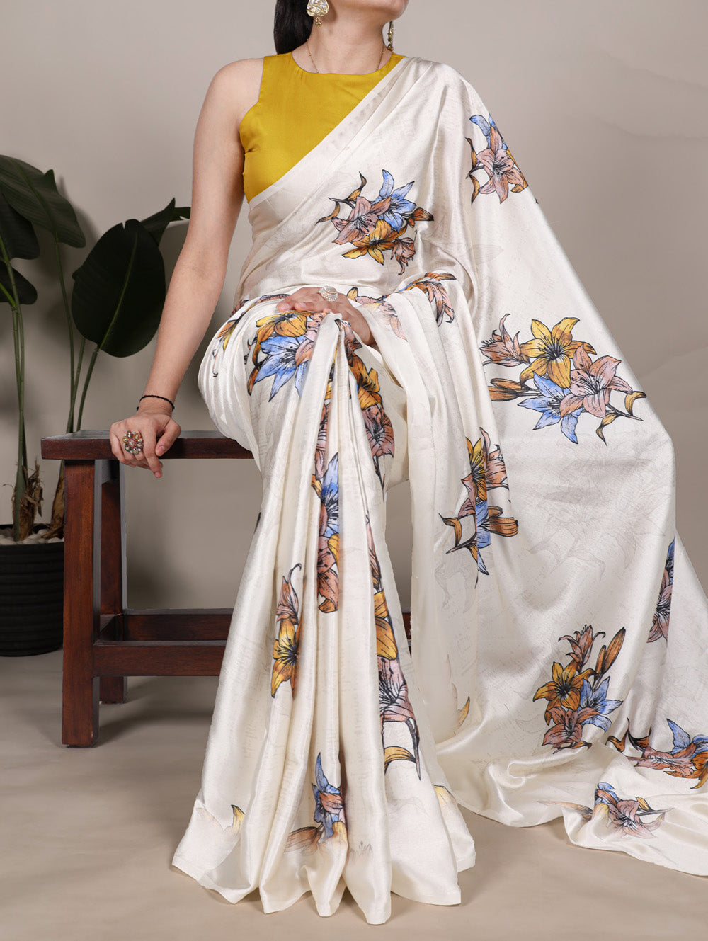 Off white satin silk floral print saree