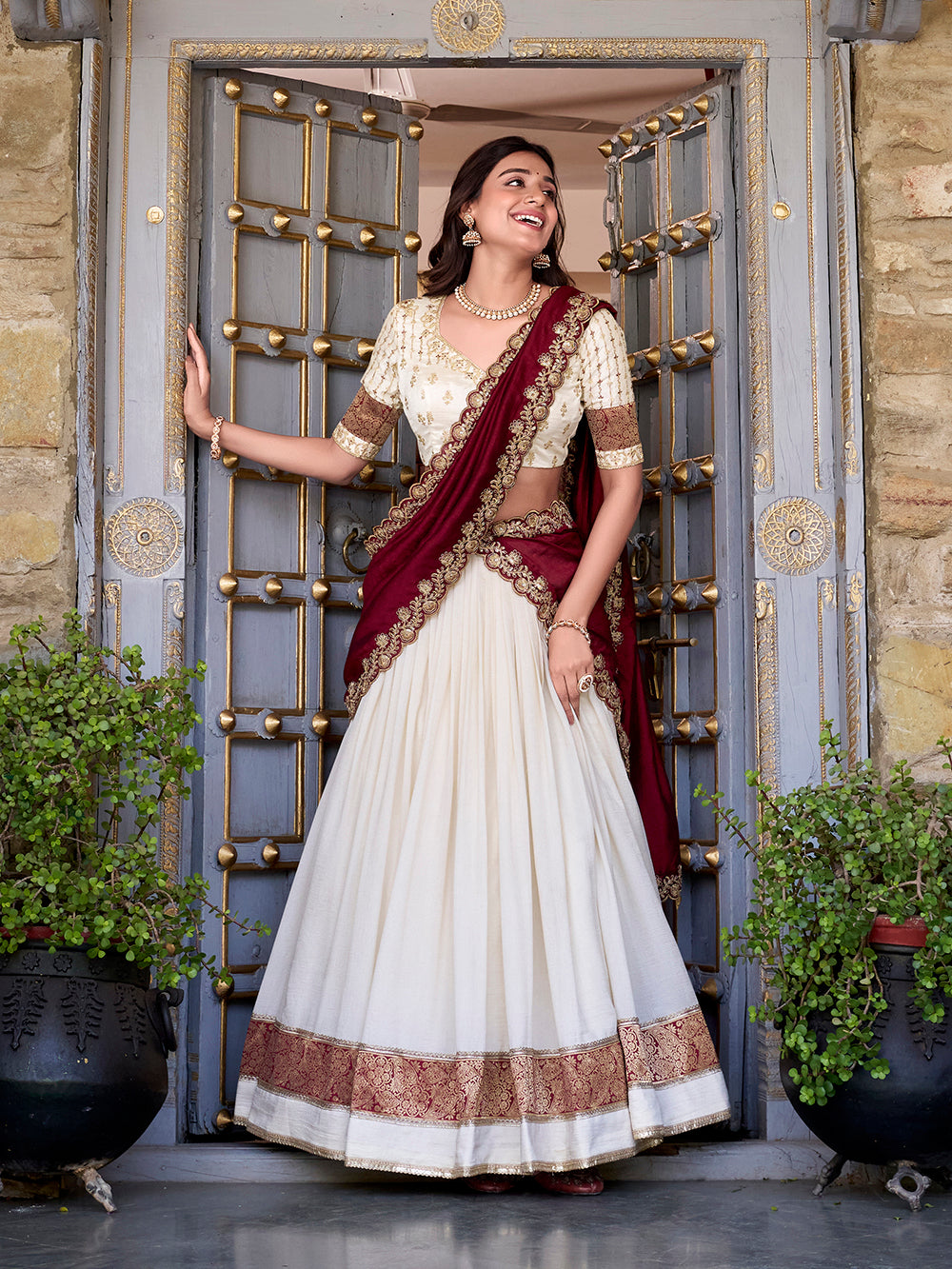 Off-white vichitra silk lehenga choli
