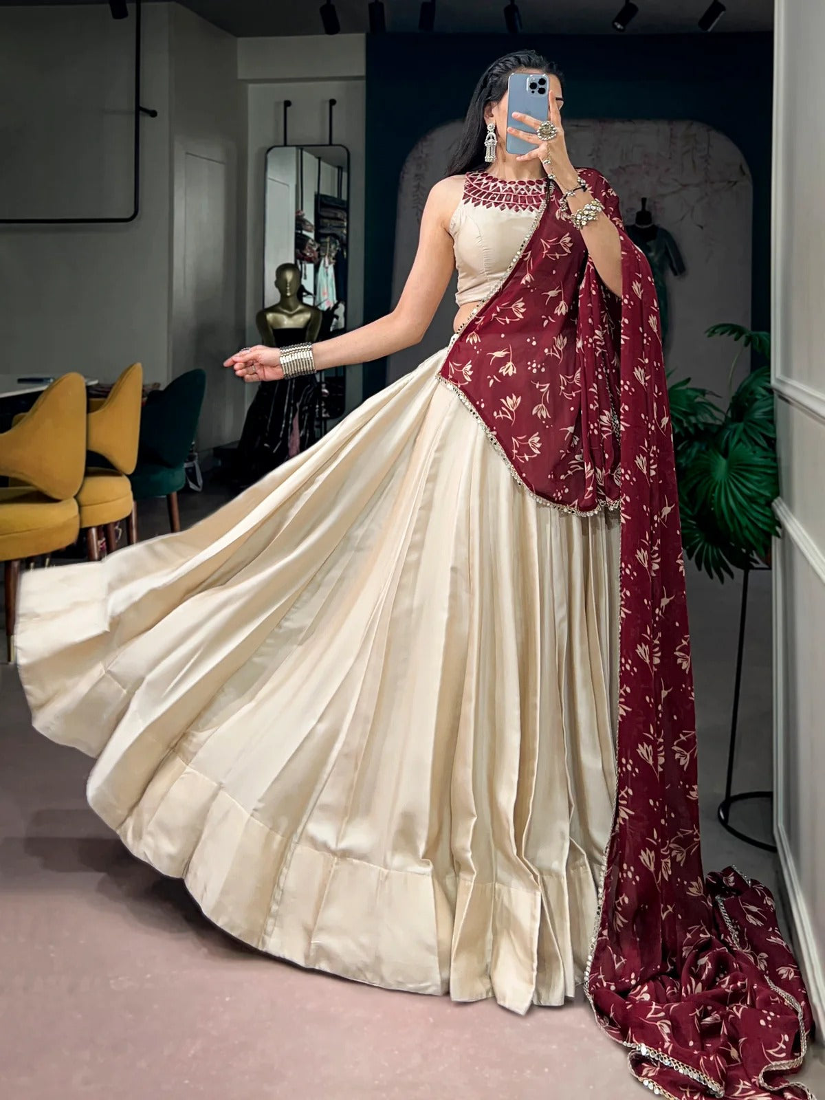 Off white mirror work chaniya choli with 8 metre flair for Navratri Garba