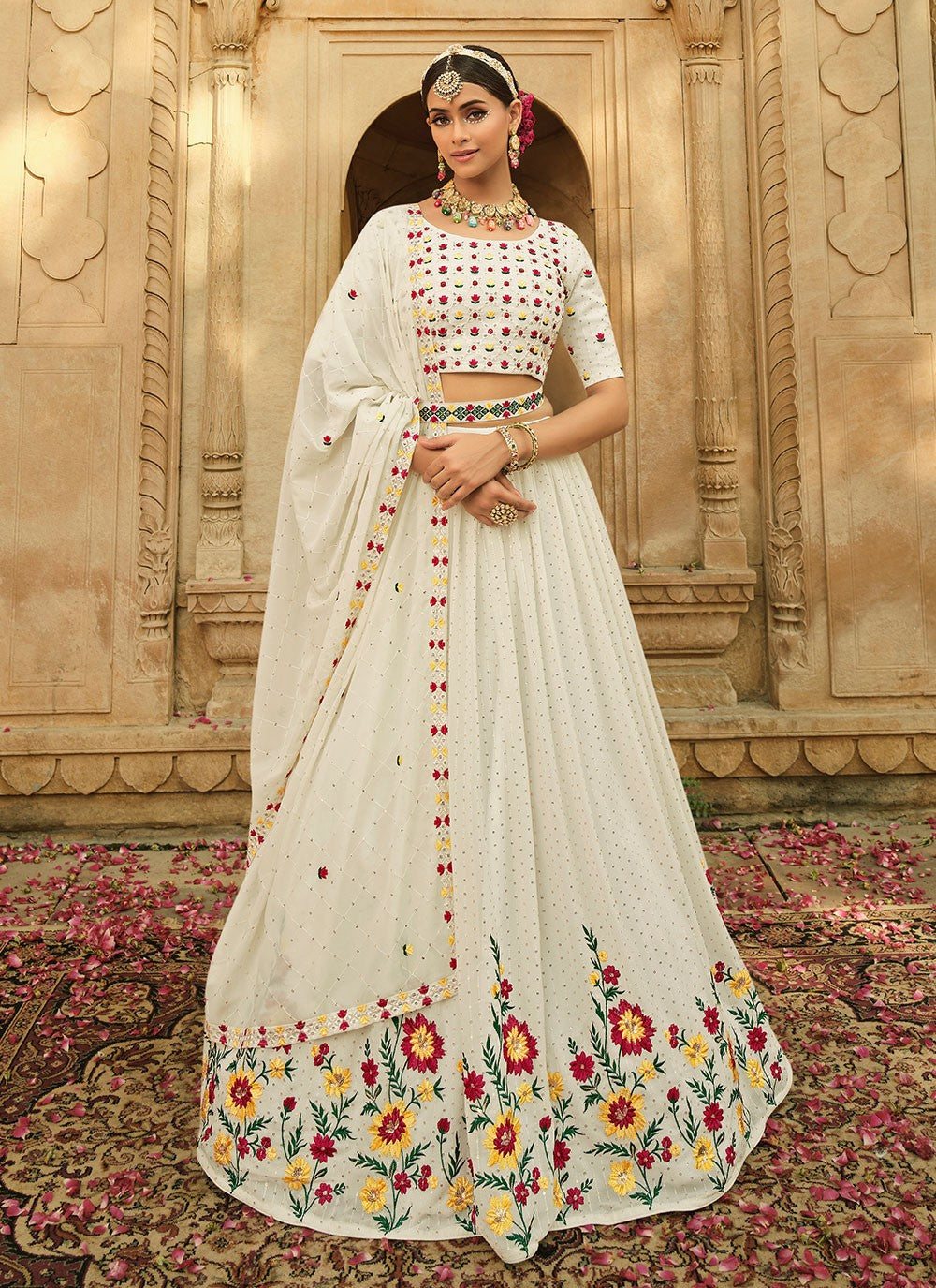 Off White Thread Embroidered Georgette Chaniya Choli