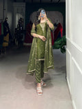Olive Green Color Sequins And Thread Embroidery Work Gold Coin Salwar Suit