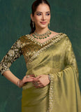 Designer Indian Saree in Olive Green | Zari Tissue Silk saree