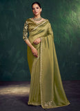 olive green designer indian saree in zari tissue silk with handwork