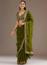 Olive Green Designer Tissue Silk Saree | Wedding Wear Saree