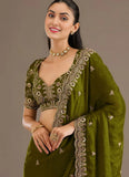 Olive green designer tissue silk saree with zari embroidery
