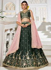 Olive color chiffon sequin embroidery lehenga choli with pink dupatta for sister’s wedding