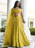 Olive and yellow ethnic lehenga with organza dupatta